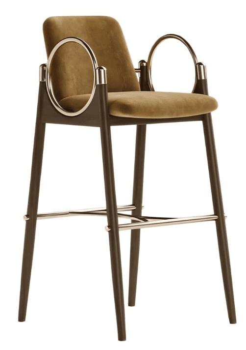 A contemporary arm bar stool featuring a dark stained wooden frame, olive green velvet upholstery, and distinctive circular polished chrome armrests. It has four tapered legs with a horizontal polished chrome footrest. — 3D model