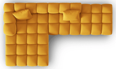 A modular sectional sofa with a rounded, tufted design. The sofa is upholstered in a soft, textured fabric and features a series of evenly spaced vertical channels on its seat cushions, backrests, and armrests. Two square throw pillows, matching the sofa's upholstery, are placed on the sofa. The configuration suggests an L-shaped arrangement, indicating a corner sofa or a multi-piece sectional. — 3D model