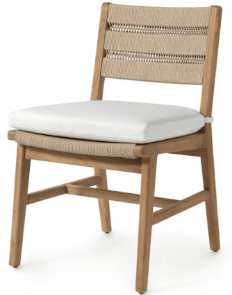 A contemporary dining chair featuring a natural teak wood frame, a woven rope backrest, and a removable white seat cushion. The chair has straight, slightly tapered legs and a light, airy design. — 3D model
