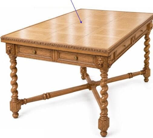 A large, elaborately carved wooden desk featuring barley twist legs, lion head carvings, and a parquetry top. It has multiple drawers along the front apron, each fitted with a small brass pull. The desk is made of light brown wood and is supported by an X-stretcher base. — 3D model