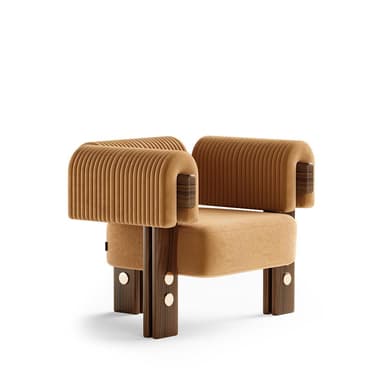 A contemporary armchair featuring a robust, dark-stained wooden frame with a unique geometric design. The seat cushion is upholstered in plush mustard-yellow velvet, and the backrest is a distinctive fluted velvet cylinder. U-shaped upholstered armrests are mounted on the wooden frame, and the vertical wooden legs are accented with brass circular inlays. — 3D model