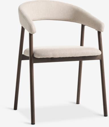 A modern dining chair featuring a dark-stained wooden frame and light beige upholstered seat and backrest. The backrest has a distinct curved shape that subtly integrates into the short armrests. The chair stands on four slender, round, straight legs. — 3D model