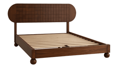 A dark brown wooden platform bed frame featuring a distinctive headboard with a grid-patterned central panel and gracefully rounded side sections. The sturdy bed frame includes integrated wooden slats designed to support a mattress directly, eliminating the need for a box spring. The footboard is subtly elevated by four spherical wooden legs, adding a modern touch to its overall aesthetic. — 3D model
