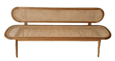 A modern bench featuring an integrated backrest, constructed from light-colored wood and woven cane webbing. The design is characterized by rounded edges, tapered legs, and a minimalist aesthetic. — 3D model