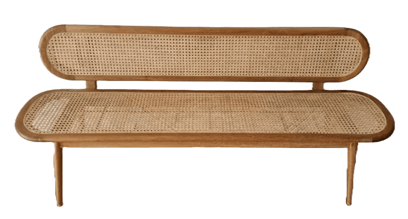 A modern bench featuring an integrated backrest, constructed from light-colored wood and woven cane webbing. The design is characterized by rounded edges, tapered legs, and a minimalist aesthetic. — 3D model