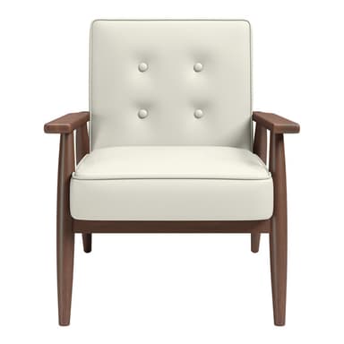 A stylish mid-century modern lounge chair featuring an exposed dark wooden frame and light-colored upholstered cushions. The chair has straight, flat wooden armrests and tapered, angled legs. The back and seat cushions are neatly upholstered with visible piping along the edges, suggesting a comfortable yet minimalist design. — 3D model