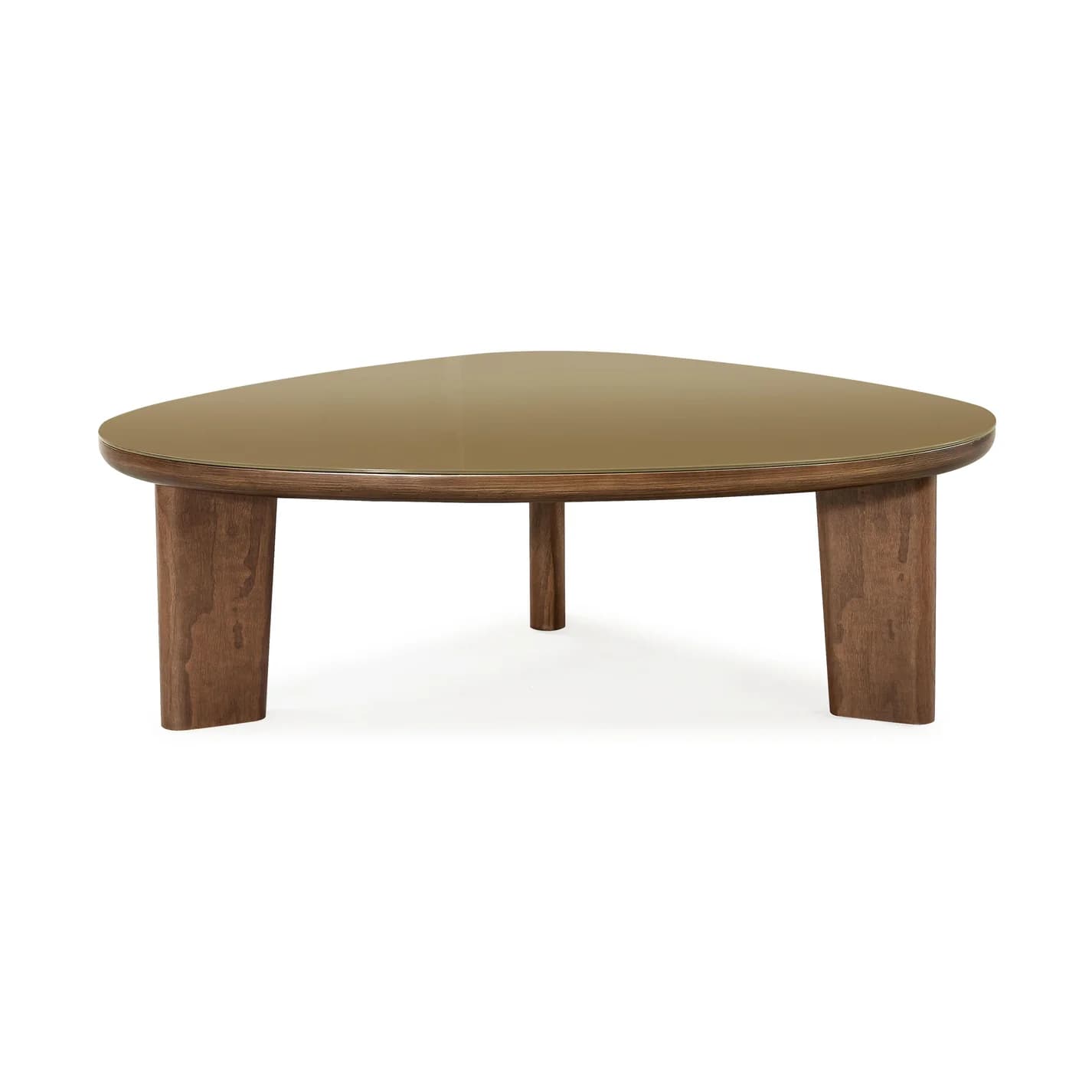 An organic, kidney-shaped coffee table featuring a bronze-tinted glass top set within a wooden frame, supported by a distinctive tripod base composed of varying solid wood leg forms. — 3D model