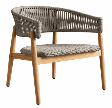A contemporary armchair featuring a light-toned wooden frame and a gray woven rope back and seat. The backrest gracefully curves around, seamlessly integrating the armrests. The seat also consists of a tightly woven gray rope panel. The chair is supported by four slender, slightly splayed, tapered wooden legs. — 3D model