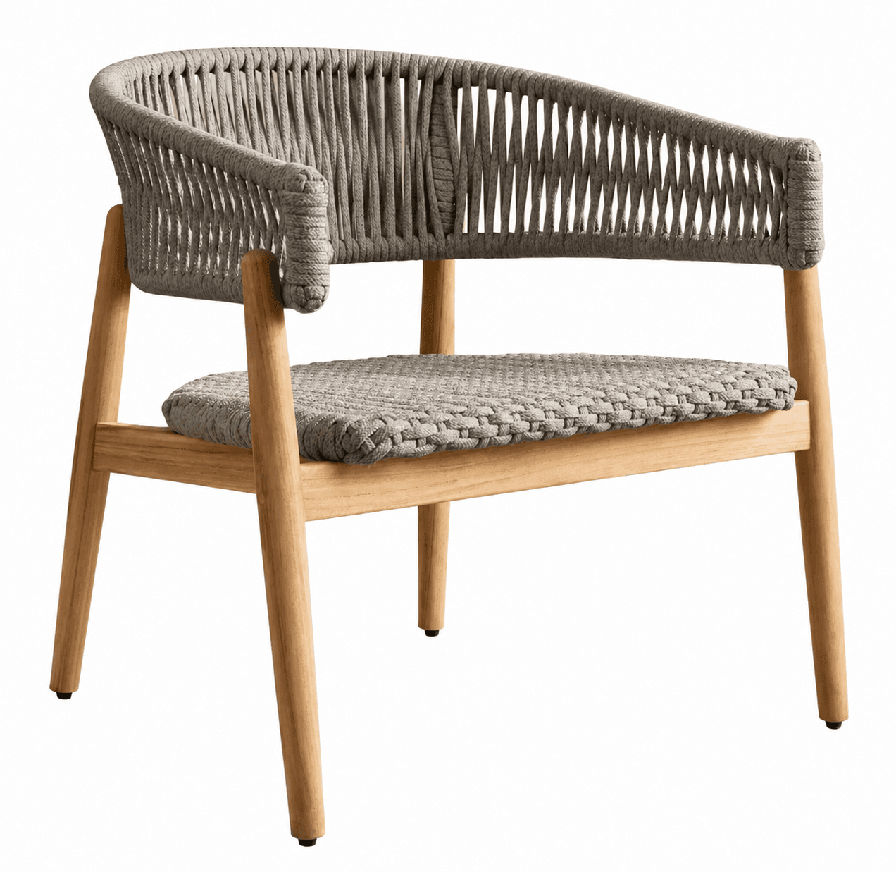 A contemporary armchair featuring a light-toned wooden frame and a gray woven rope back and seat. The backrest gracefully curves around, seamlessly integrating the armrests. The seat also consists of a tightly woven gray rope panel. The chair is supported by four slender, slightly splayed, tapered wooden legs. — 3D model