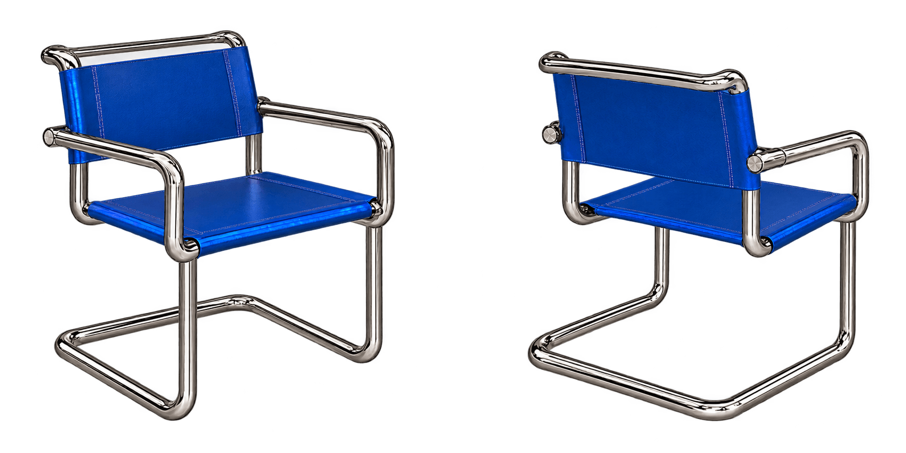 A modernist armchair featuring a cantilevered frame constructed from polished tubular chrome-plated steel. The seat and backrest are formed from slings of vibrant blue synthetic leather or heavy-duty fabric, attached to the frame with visible stitching. Integrated armrests are part of the continuous tubular frame. — 3D model