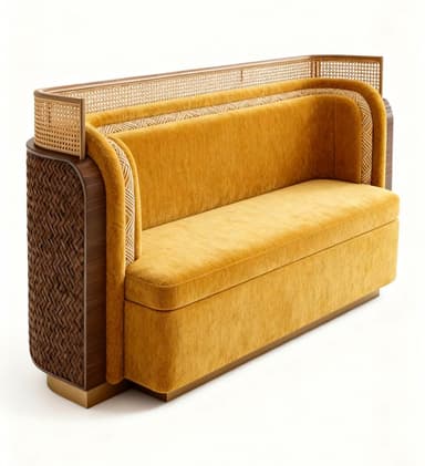 A sofa with a high back and armrests, featuring a rich mustard yellow velvet upholstery. The sides of the armrests have decorative patterned inlays and are flanked by dark wood panels with a carved or woven pattern. The backrest incorporates a section of cane webbing above the upholstered portion. The sofa has a substantial base and appears to be designed with an Art Deco influence. — 3D model