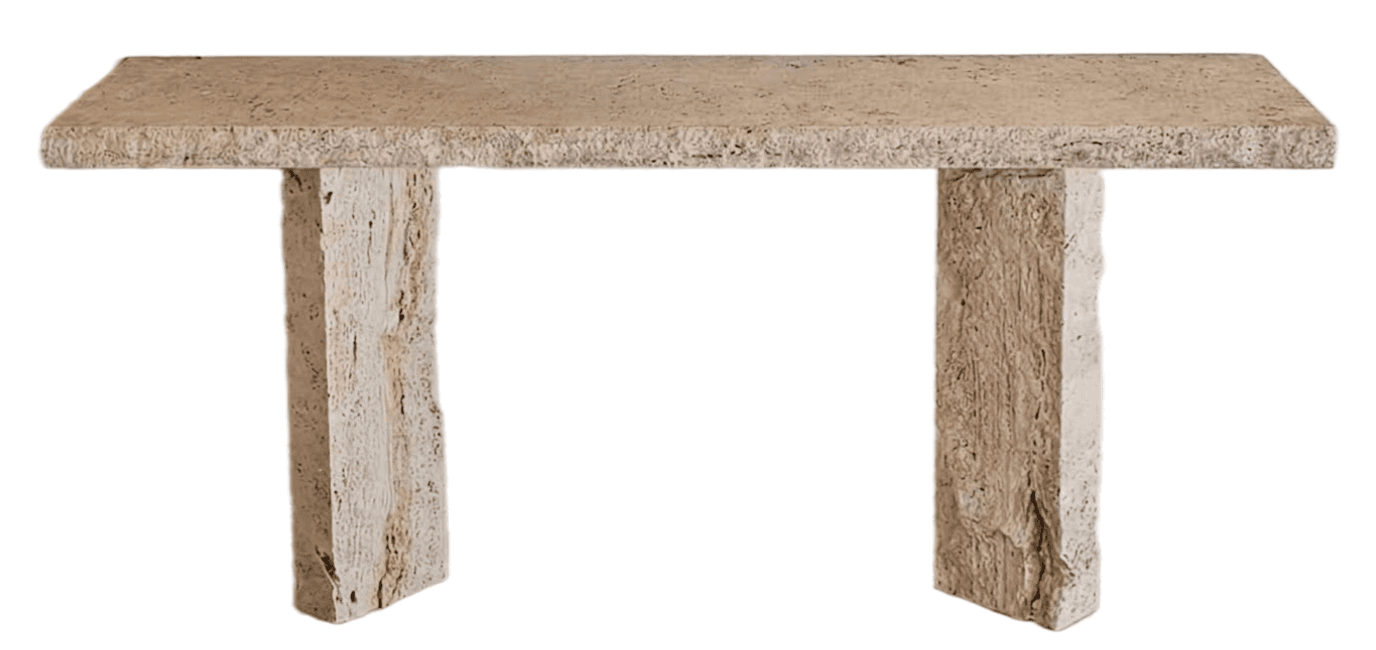 A rectangular console table constructed entirely from natural travertine stone, featuring a thick, flat top and two sturdy, slab-like legs. The stone exhibits characteristic porous textures and natural variations in color. — 3D model