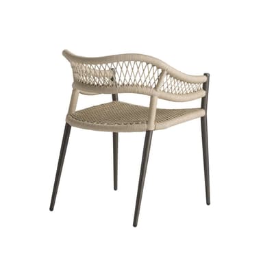 A modern armchair featuring a woven rope seat and backrest, supported by a dark, slender metal frame and tapered legs. — 3D model
