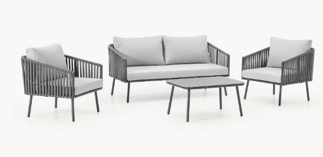 A modern outdoor sofa set consisting of a two-seater sofa, two armchairs, and a coffee table. The furniture features a dark gray frame with woven rope detailing on the sides and back of the seating units. The seating units and backrests are fitted with light gray cushions. The coffee table has a dark gray frame and a rectangular glass top. — 3D model