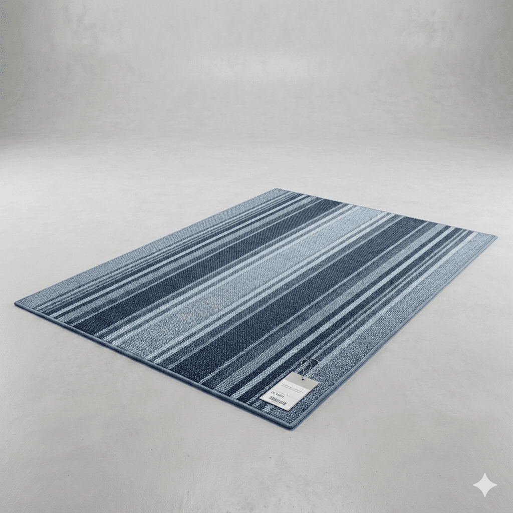 A rectangular rug with a striped pattern in varying shades of blue. The rug has a low pile and appears to be made of woven material. A tag is attached to one corner of the rug. — 3D model