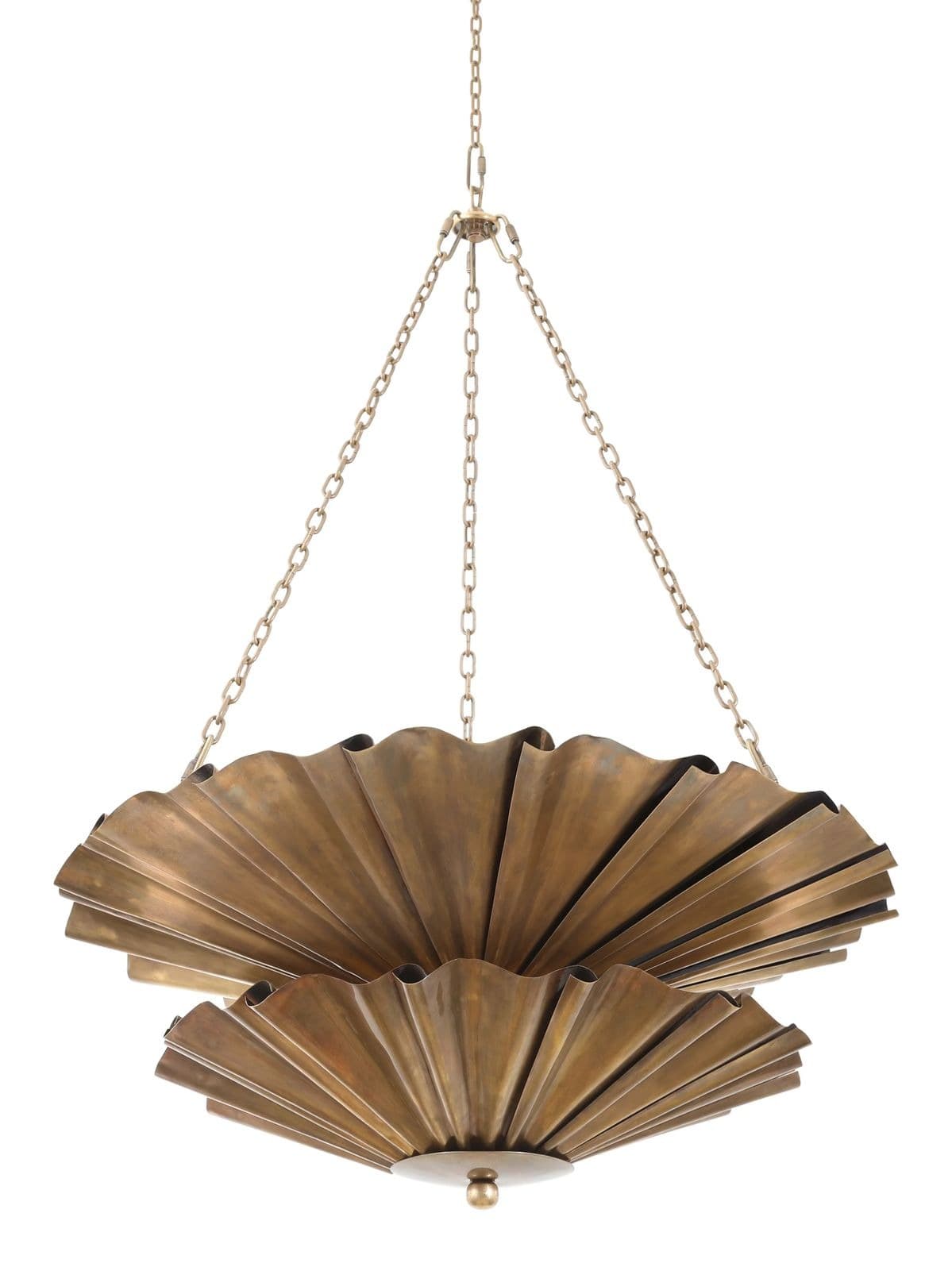 A two-tiered chandelier featuring concentric rings of fluted or scalloped metal shades, suspended by three chains converging to a single central chain. The metal has an antiqued brass or bronze finish. The design creates a dynamic, layered aesthetic. — 3D model