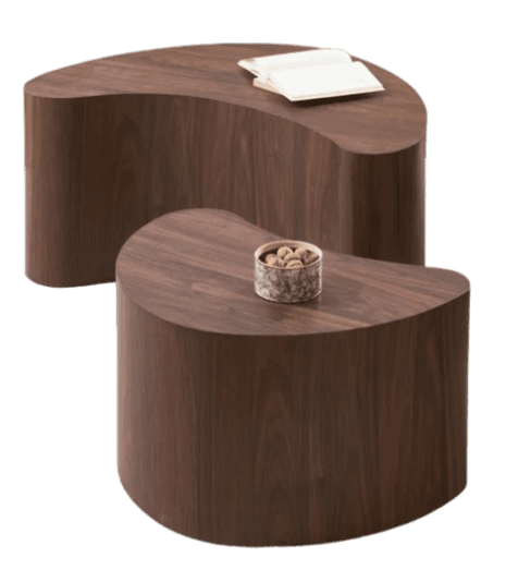 A set of two modern, organically shaped tables, featuring a sculptural, crescent-like design and rich walnut wood veneer finish. — 3D model