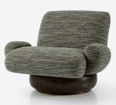 A comfortable armchair with rounded arms and a high back, upholstered in a textured fabric. The chair rests on a circular, dark wooden base that appears to be a swivel mechanism. — 3D model