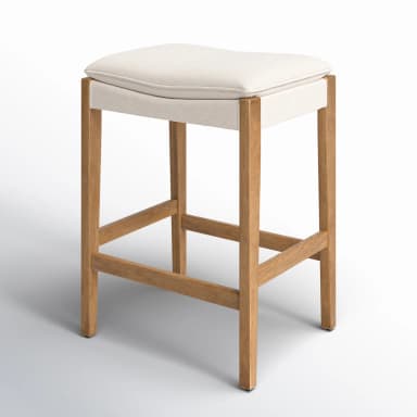 A contemporary upholstered wooden bar stool featuring a sturdy, light-toned solid wood frame and a comfortable, off-white fabric saddle-style seat. The stool includes integrated footrests and clean lines, designed for counter-height seating. — 3D model