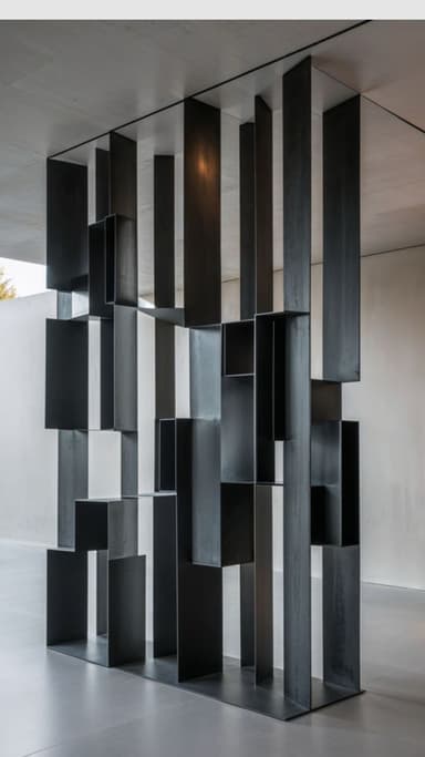 A modern, abstract bookshelf with a geometric, open-frame design. It features vertical and horizontal rectangular elements creating cubby-like spaces of varying sizes, arranged in an asymmetrical pattern. The structure appears to be made of metal. — 3D model