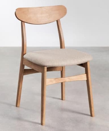 A modern dining chair constructed from light-toned wood with a curved backrest and a light-colored upholstered fabric seat. The chair features a minimalist design with a visible wood grain and gently splayed legs. — 3D model