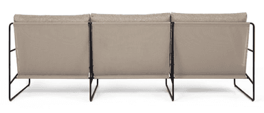 A three-seater sofa with a minimalist design. It features a slender black metal frame with angular legs supporting a light grey upholstered seat and back cushions. The backrest is divided into three distinct sections, and the seat is composed of three individual cushions. — 3D model