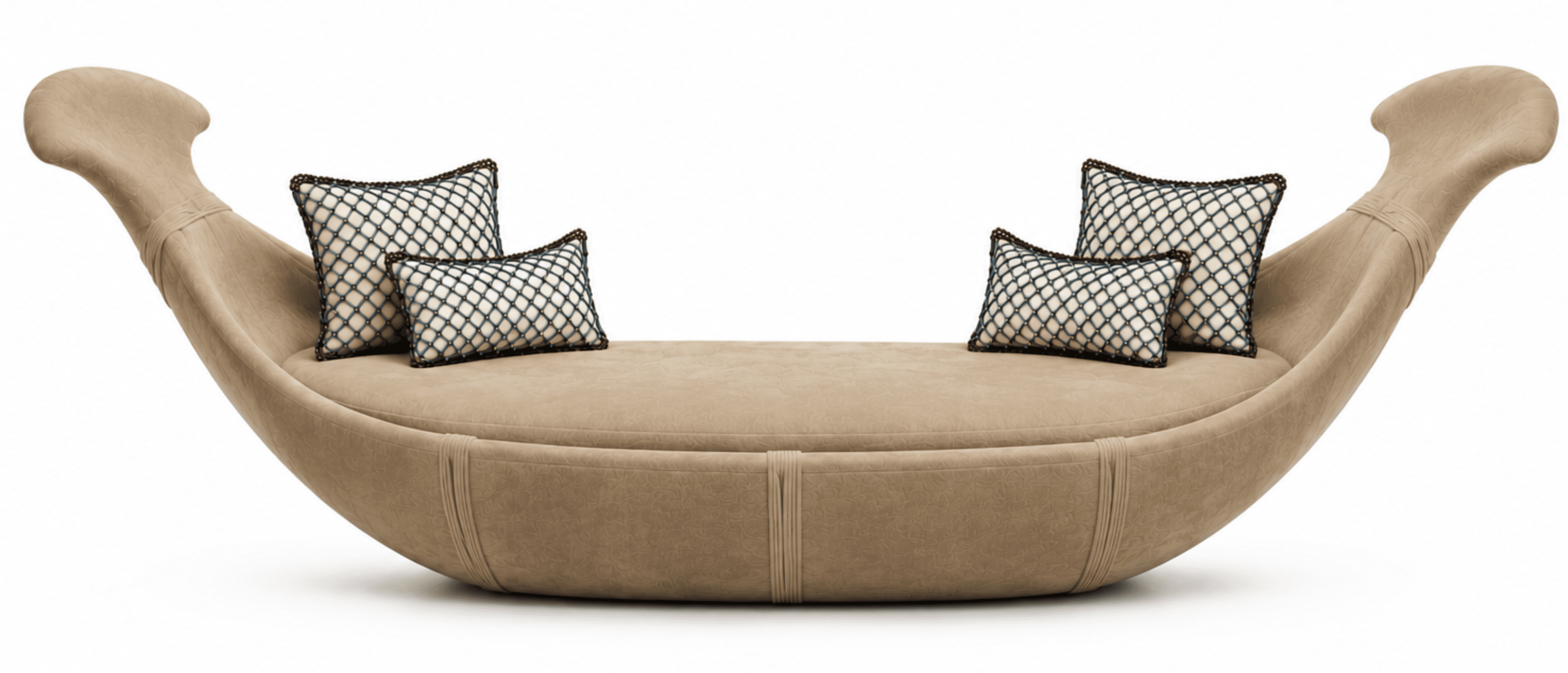 A large, lounge-style sofa with a distinctive curved silhouette resembling a boat or a hammock. The primary seating surface is a continuous, upholstered form with a subtle embossed pattern. Two smaller decorative pillows with a lattice pattern and beaded trim are placed on the seating area. The sofa features extended, wing-like armrests or headrests at either end, embellished with rope-like detailing wrapped around the base of these extensions. The overall form is organic and flowing. — 3D model