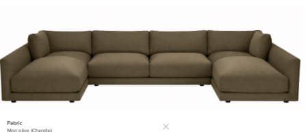 A large, modern U-shaped sectional sofa upholstered in a neutral olive-green fabric, featuring low backrests, wide track arms, and two integrated chaise lounge sections. — 3D model