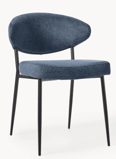 A contemporary dining chair featuring a blue upholstered seat and a distinctively curved, armless backrest. The chair is supported by four slender, tapered black metal legs. — 3D model