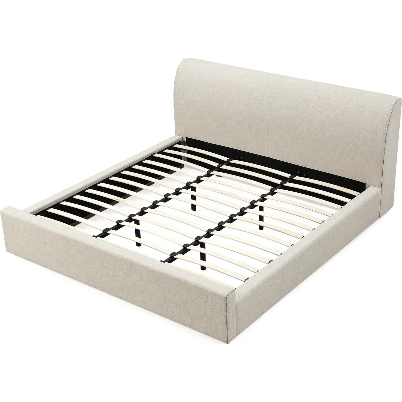 A fabric-upholstered bed frame with a curved headboard and a slatted mattress support system. The frame is rectangular, and the headboard curves gently upwards. The mattress support consists of multiple wooden slats supported by a black metal frame. — 3D model