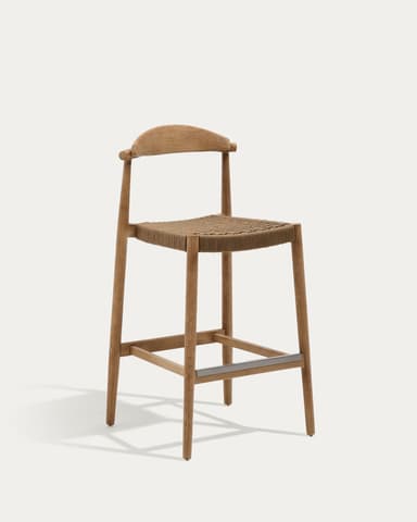 A light-toned solid wood bar stool with a woven rope seat and a curved, low backrest. It features a sturdy four-legged frame with a metal footrest bar for comfort and support. The design is minimalist and draws from natural materials. — 3D model
