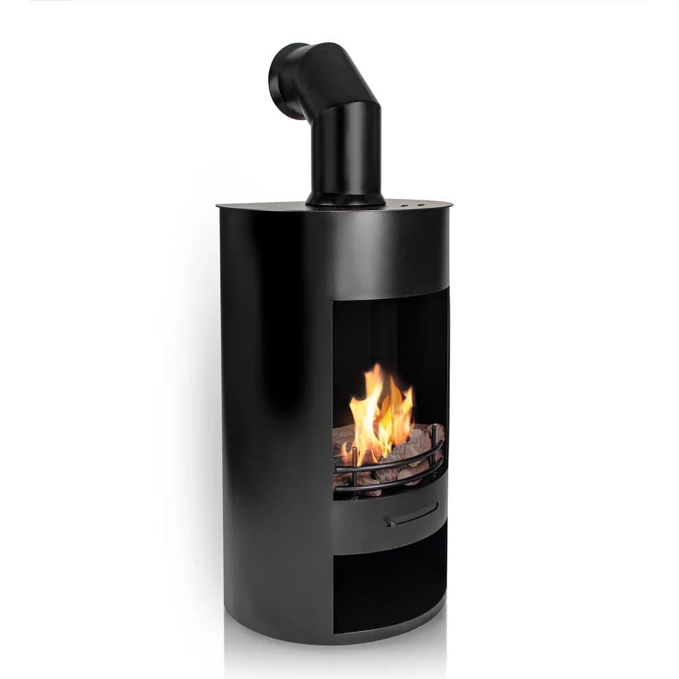 This is a modern, freestanding gas fireplace with a cylindrical black metal body. It features a curved viewing window that reveals a grate containing faux logs and flames, simulating a real wood fire. A black metal flue pipe extends upwards and curves to the left from the top surface. The design is minimalist and contemporary, suitable for adding a focal point and warmth to a room. — 3D model