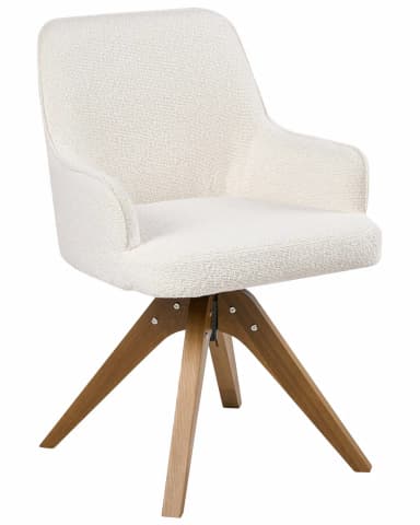 A modern accent chair with a textured fabric upholstery and a unique wooden base. The chair features a curved backrest that extends into armrests, and a central pedestal that splits into four splayed legs. The legs have a distinct mid-century modern aesthetic. — 3D model