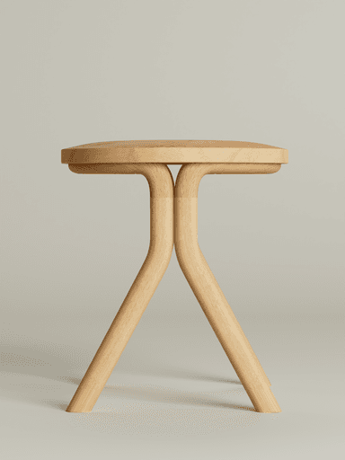 A modern stool crafted from light-toned natural wood, featuring a circular seat with an integrated elliptical handle. It is supported by three splayed legs that provide a stable base and contribute to its minimalist aesthetic. The wood has a smooth finish, highlighting its natural grain. — 3D model