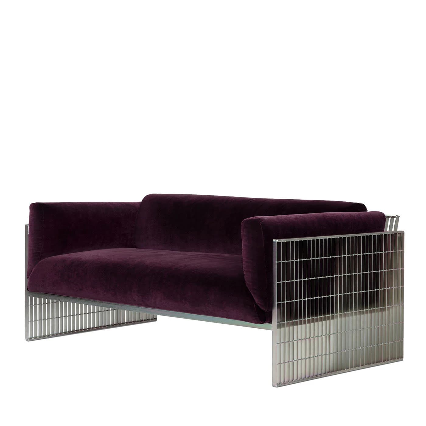 A modern sofa featuring a deep purple velvet upholstered seat and back, with rounded armrests. The frame and legs are constructed from polished metal, presenting a slatted design on the sides and base, giving it a distinct industrial or contemporary aesthetic. — 3D model