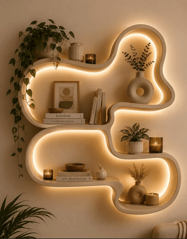 An organic, wave-shaped wall-mounted shelving unit in a light beige or cream color, featuring integrated LED lighting strips along the interior curves. The unit has multiple fluidly shaped compartments designed for display or storage, presenting a modern and sculptural aesthetic. — 3D model
