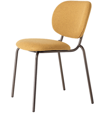 A contemporary side chair with a rounded backrest and seat, both upholstered in a textured yellow fabric. The frame consists of four slender, dark metal legs that angle outwards slightly. The overall design is minimalist and modern. — 3D model