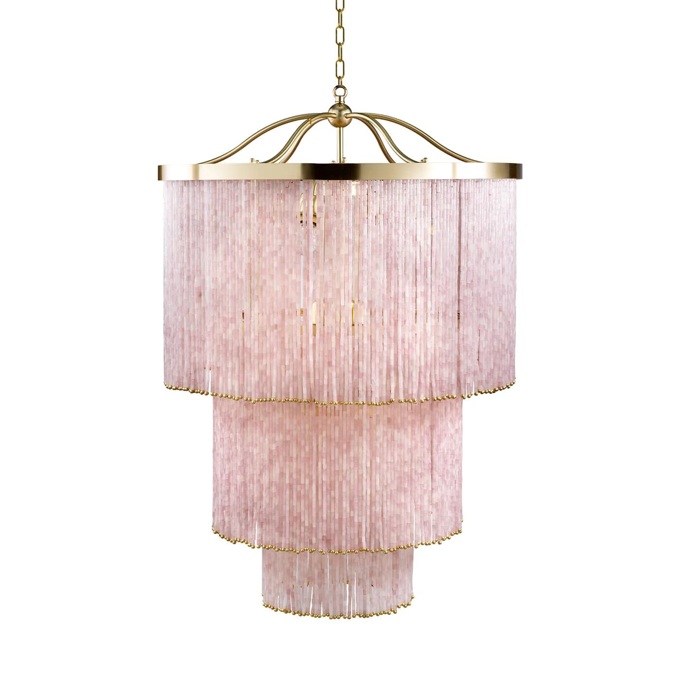 A multi-tiered chandelier featuring a gold-toned metal frame and suspension chain. The main body of each tier is adorned with numerous vertical strands of small, rectangular pink elements, possibly crystals or beads, creating a cascading effect. The bottom edge of each tier is accented with a delicate band of small gold beads. — 3D model