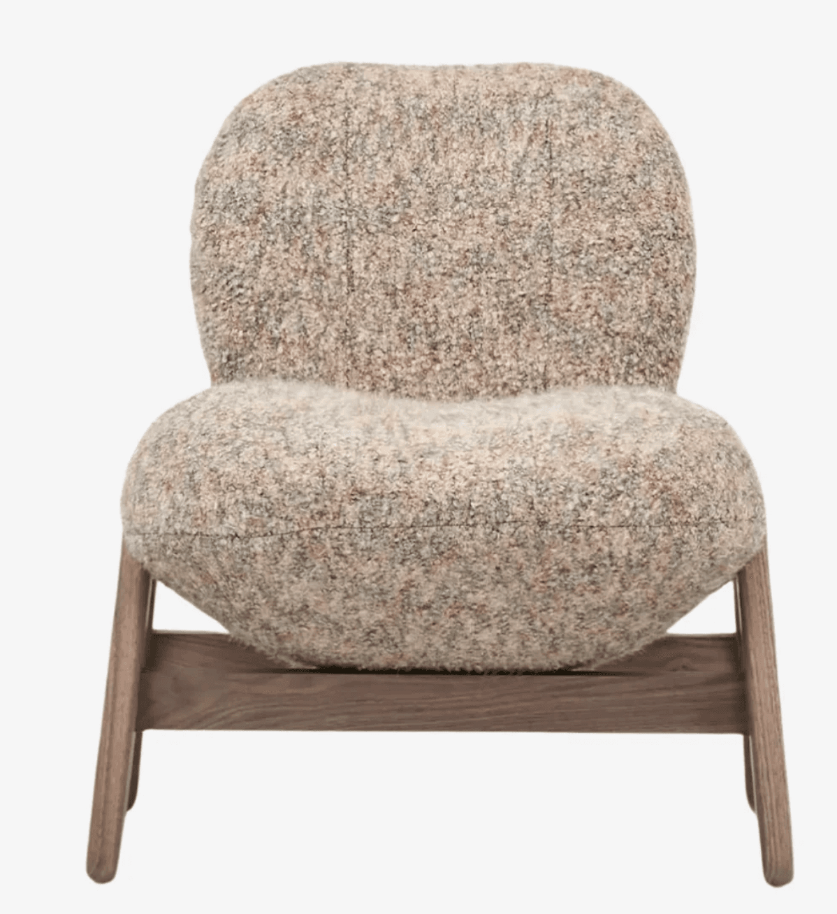 A low-profile, armless lounge chair featuring soft, rounded upholstered cushions in a light, textured boucle-like fabric, supported by a distinct dark wood base with angled legs. The chair is designed for comfort and informal seating. — 3D model