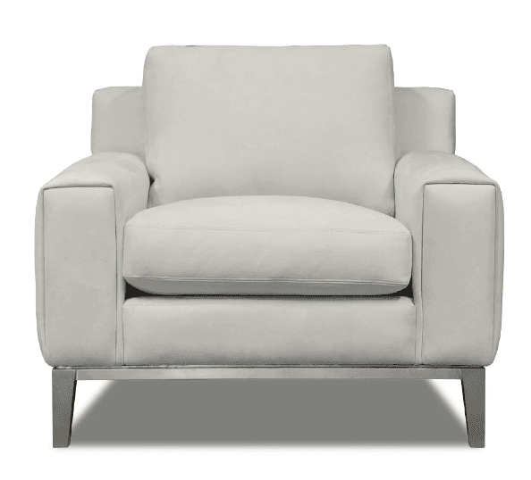A modern, upholstered armchair featuring a plush, light-colored fabric (possibly a light gray or off-white). It has generous seat and back cushions, wide, square track arms, and rests on a polished metal base with short, angular legs. The overall aesthetic is contemporary and minimalist. — 3D model