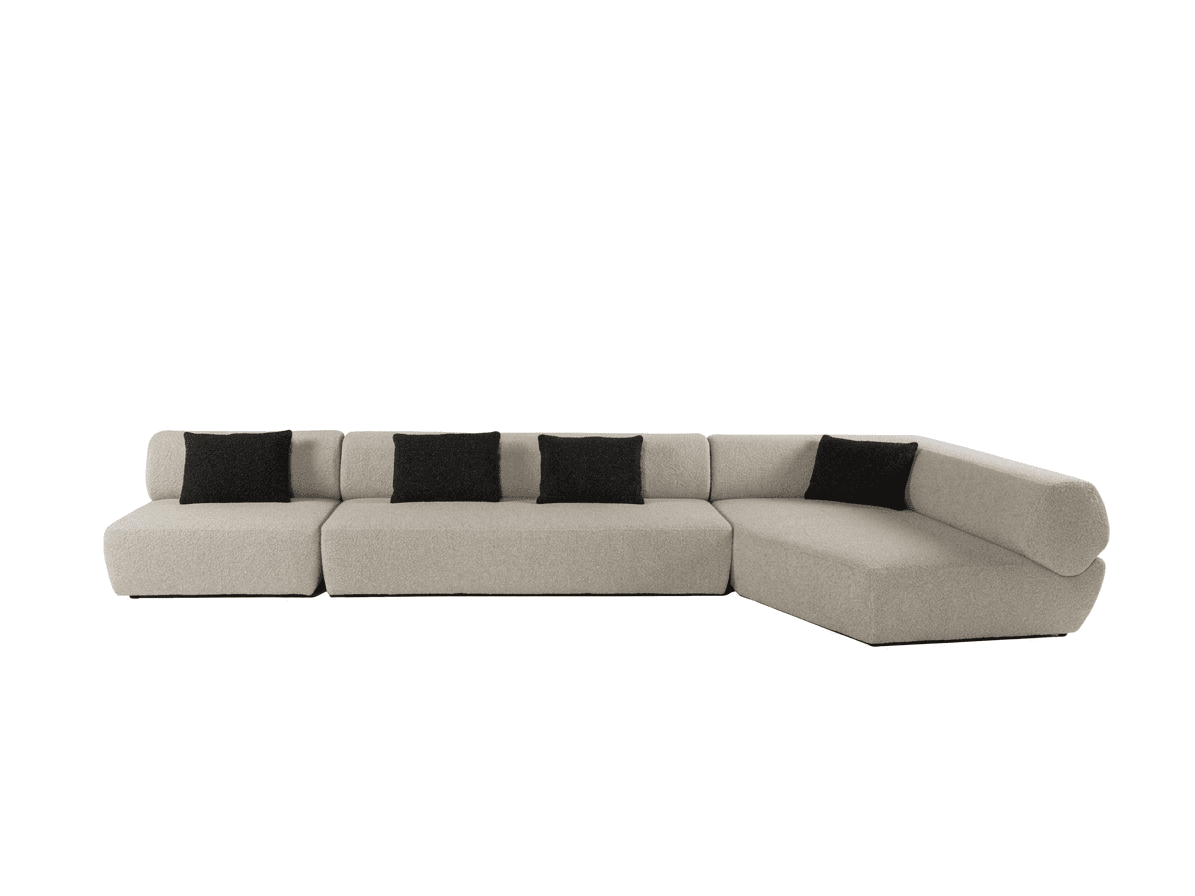 An L-shaped modular sectional sofa featuring multiple components, upholstered in a light beige bouclé fabric. The sofa has a low-profile design with integrated backrests and is accented with black rectangular throw pillows. It appears to be a contemporary design, presented against a plain white background. — 3D model
