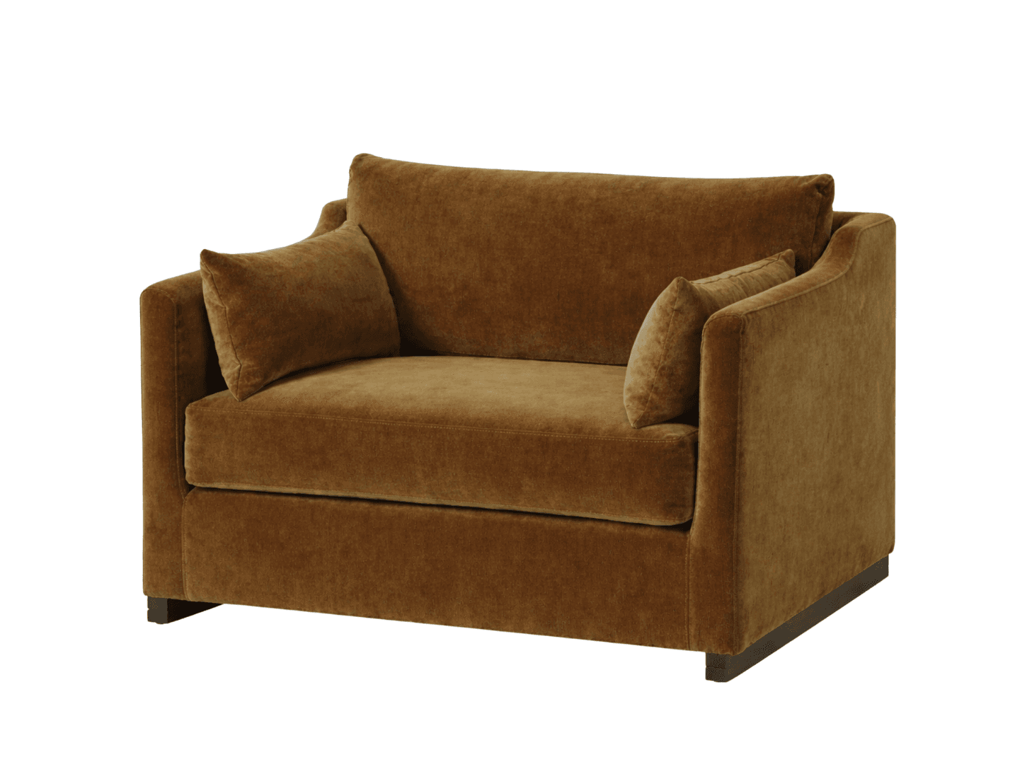 A two-seater sofa upholstered in a textured fabric. It features plush cushions for the seat and back, along with two accent pillows. The sofa has a modern, minimalist design with clean lines and a low profile base. The armrests are slightly curved, adding a subtle softness to its overall form. — 3D model