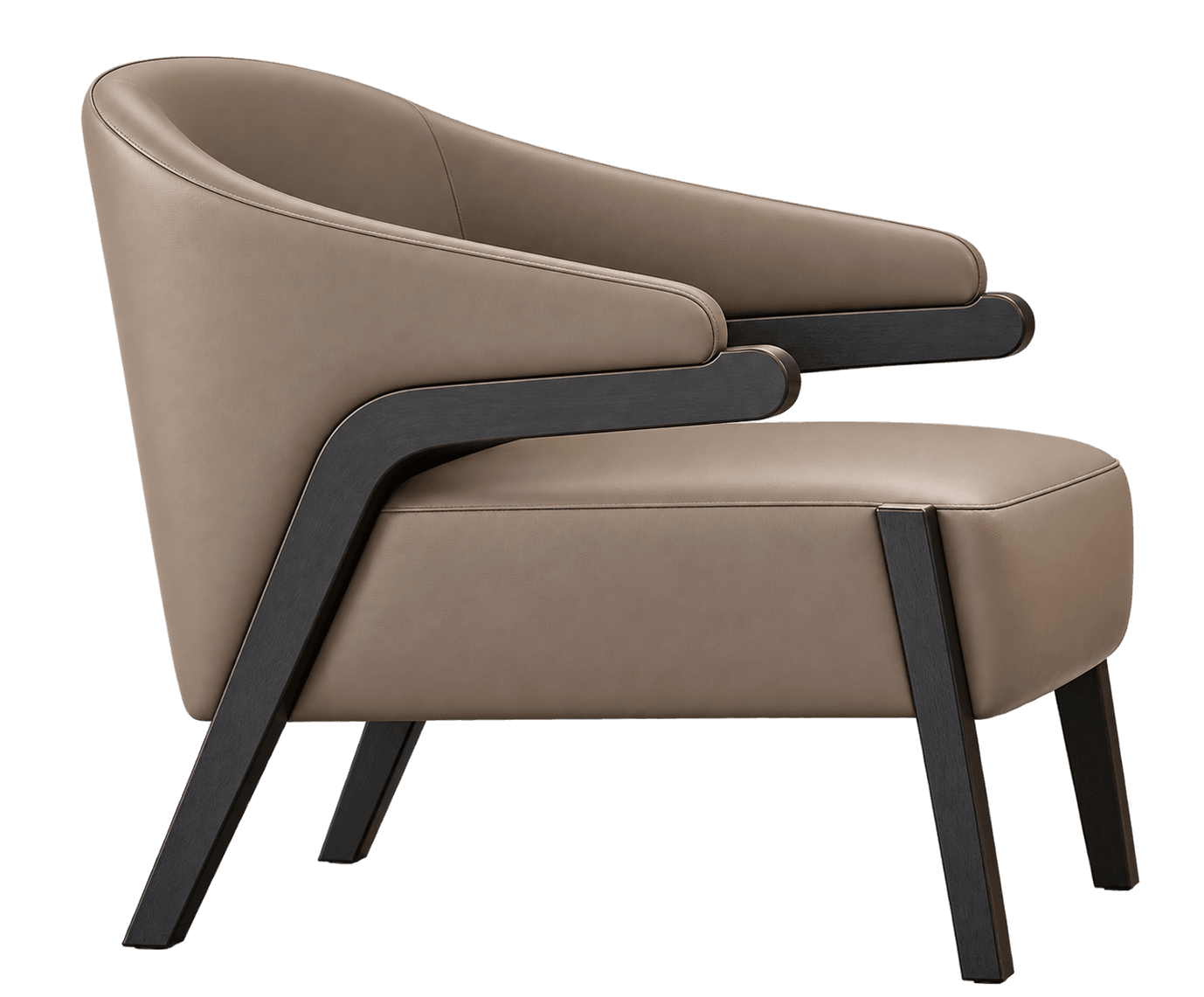 A contemporary armchair featuring taupe leather upholstery and a dark, exposed wooden frame that forms the armrests and legs. The backrest is gently curved, providing a comfortable and elegant seating option. — 3D model