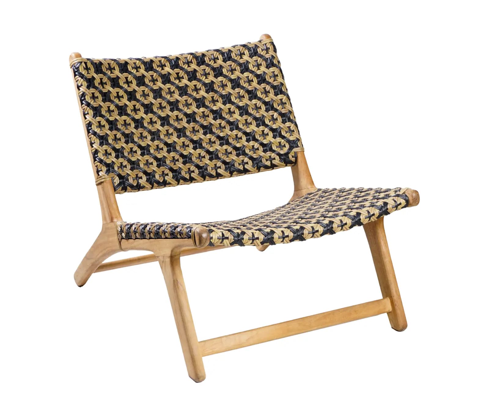 A modern, low-slung armless lounge chair featuring a sturdy teak wood frame and an intricately woven seat and backrest. The weaving combines black and natural-colored fibers in a geometric pattern, providing both support and a distinctive aesthetic. The frame has a natural wood finish, and the chair exhibits a relaxed, reclined posture. — 3D model