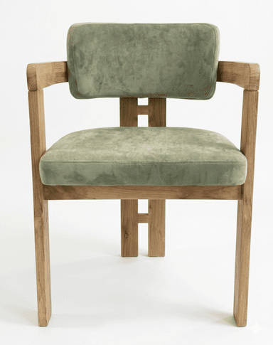 A modern armchair featuring a solid wood frame with light-toned wood and sage green upholstered seat and back. The design incorporates clean lines with rounded armrests, providing both comfort and a contemporary aesthetic. — 3D model