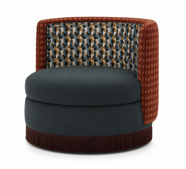 An upholstered barrel-shaped armchair featuring a complex geometric pattern on the inner backrest, a textured grid-patterned fabric on the outer back and arms, a solid dark teal seat and base, and a decorative fringe trim around the bottom. — 3D model
