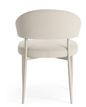 A modern dining chair featuring a curved, fully upholstered backrest and a matching upholstered seat, supported by a light-colored, possibly painted, slender frame with tapered legs. The upholstery is a textured cream or off-white fabric. — 3D model