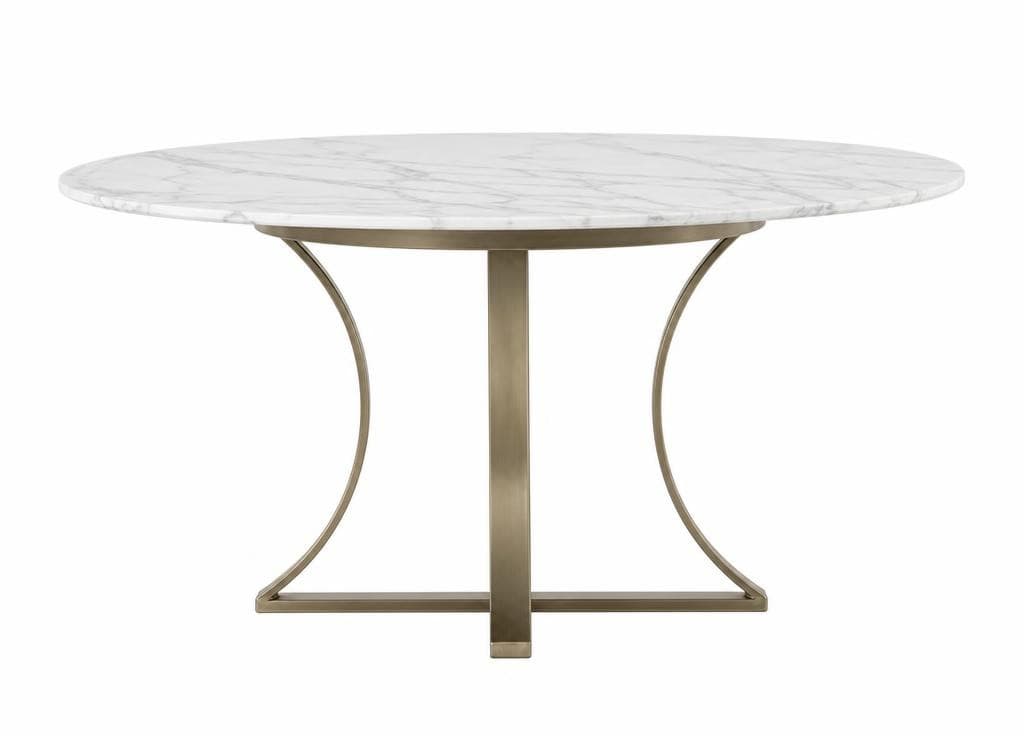 A round dining table featuring a white marble top with subtle grey veining, supported by a distinctive hourglass-shaped metal pedestal base with a brushed gold or brass finish. The design combines classic material with a modern, sculptural base. — 3D model