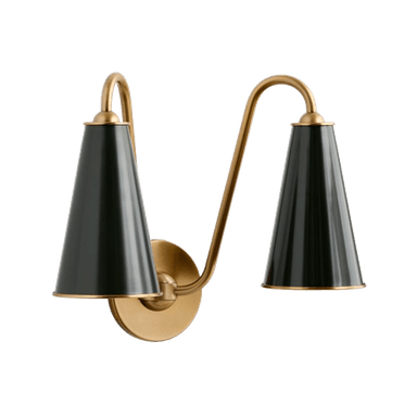 A mid-century modern-inspired wall sconce featuring two dark green, conical metal shades mounted on a curved brass-finished metal frame. The frame originates from a central circular wall plate and extends outwards in a serpentine fashion, holding a shade on each side. The shades have a contrasting brass ring detail at their openings. The fixture is designed for wall mounting. — 3D model