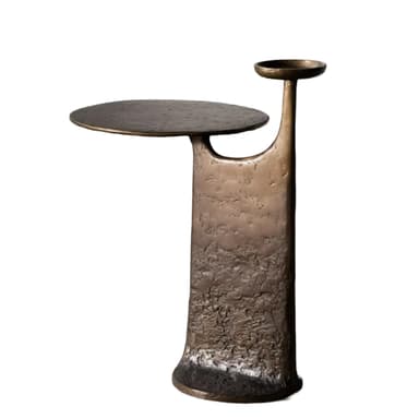 A sculptural accent table made of cast metal with a patinated bronze finish. It features a round base, a central textured column, and two circular tabletop surfaces at different heights, creating a unique two-tier design. — 3D model